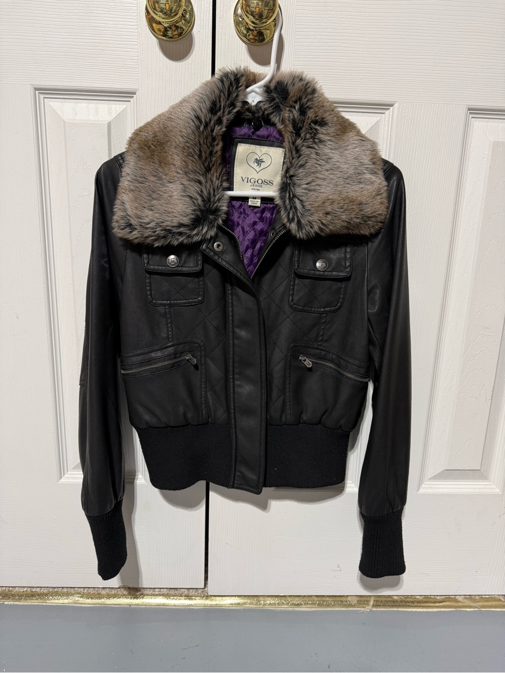 Vigoss Black Faux Leather Bomber Jacket with Brown Faux Fur Collar